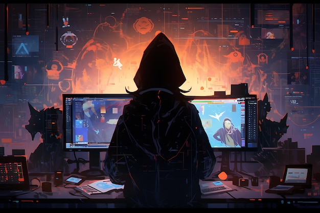 Hacker siedzący przy komputerze cybersecurity i antispyware koncepcja AI generowane