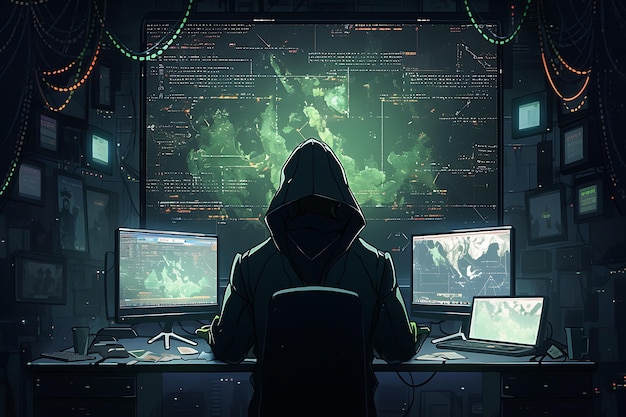 Hacker siedzący przy komputerze cybersecurity i antispyware koncepcja AI generowane