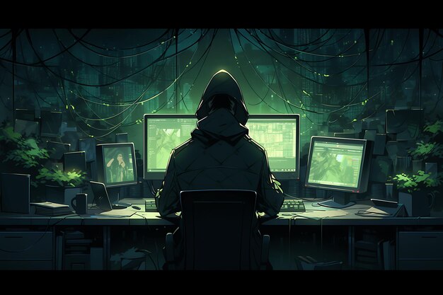 Zdjęcie hacker siedzący przy komputerze cybersecurity i antispyware koncepcja ai generowane
