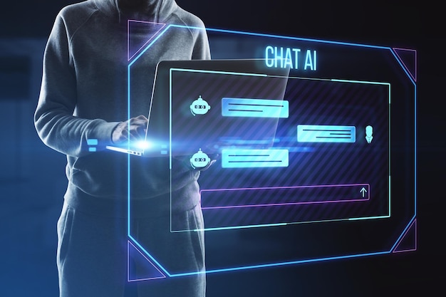 Hacker używający laptopa z kreatywnym hologramem czatu AI na niewyraźnym tle Chat GPT i koncepcja botów komunikacyjnych