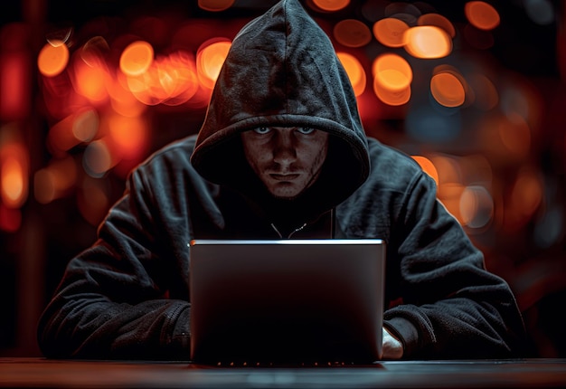 Hacker w czarnym kapturze siedzący przy stole z laptopem na ciemnym tle