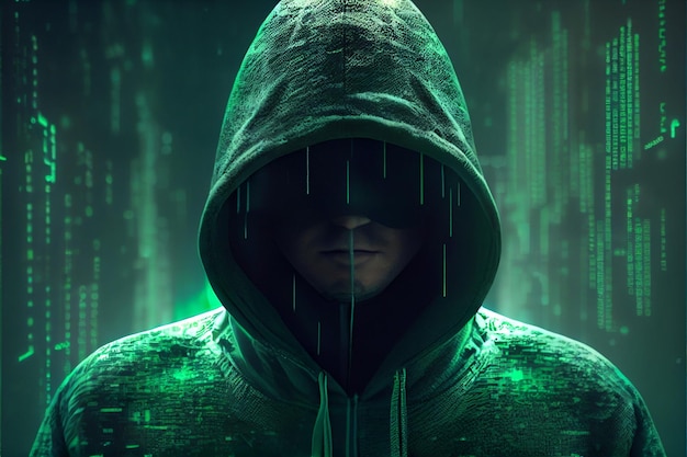 Hacker w kapturze i cyfrowym zielonym tle