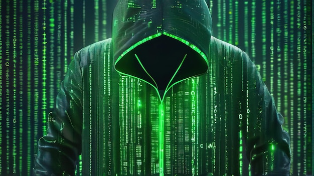 Hacker w kapturze z kodem binarnym na tle koncepcji ataku cybernetycznego