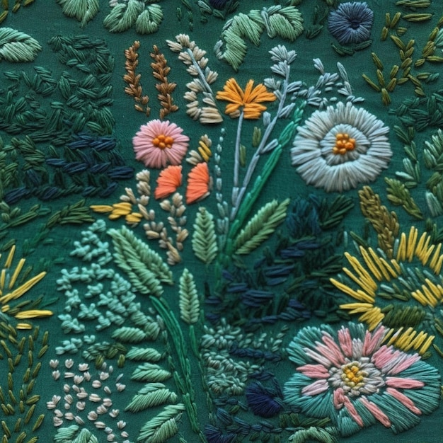 haftowanie kwiatami i liśćmi na zielonym tle generatywne ai