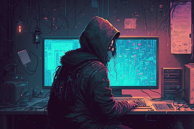 haker cyberpunk pokój komputerowy kod cyberprzestępczości, kreatywna ai