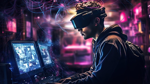 Haker cyberpunkowy zanurzony w wirtualnej rzeczywistości