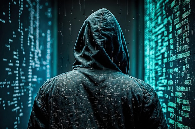 Haker osoba w kurtce z kapturem stojąca przed ścianą danych w centrum danych z zielonym tłem Generative AI