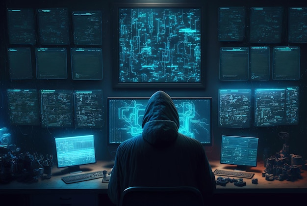 Haker pracuje w ciemnym pokoju, człowiek używa komputerów z wieloma monitorami generatywnej sztucznej inteligencji