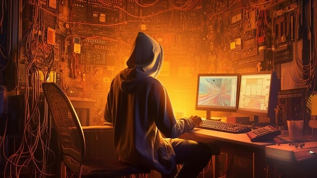 Haker przed komputerem w apokaliptycznej przyszłości