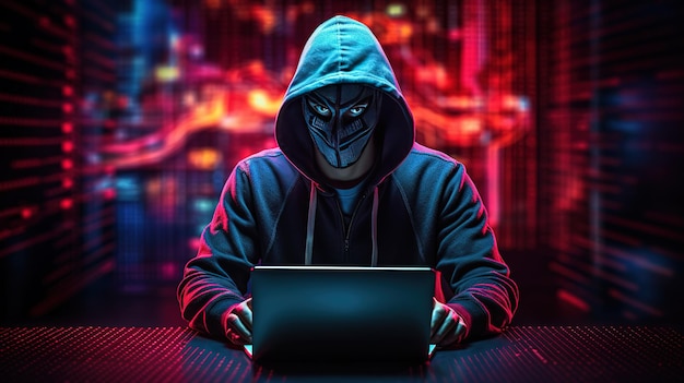 haker przed swoim komputerem popełniający cyfrową cyberprzestępczość