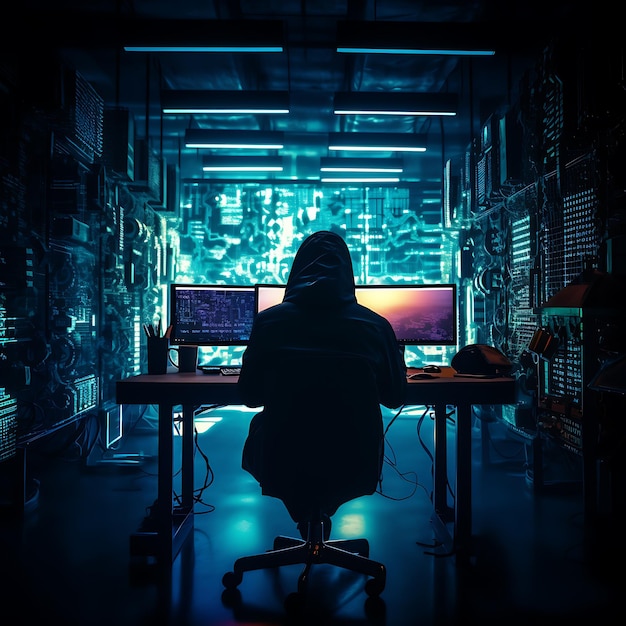 haker siedzi przy komputerze koncepcja bezpieczeństwa cybernetycznego i oprogramowania antyszpiegowskiego generowana przez sztuczną inteligencję
