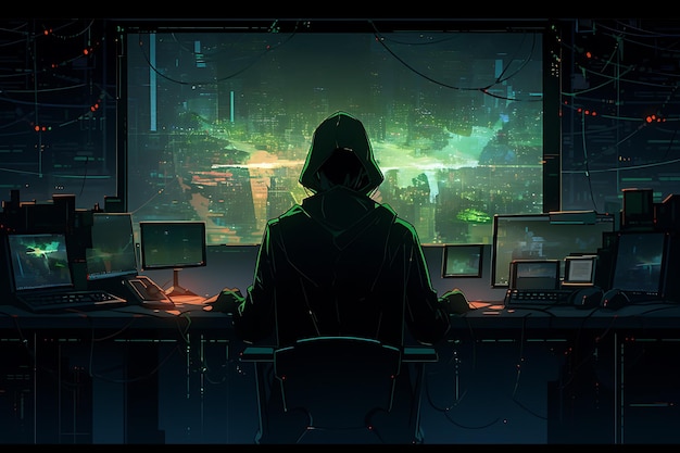 Zdjęcie haker siedzi przy komputerze koncepcja bezpieczeństwa cybernetycznego i oprogramowania antyszpiegowskiego generowana przez sztuczną inteligencję