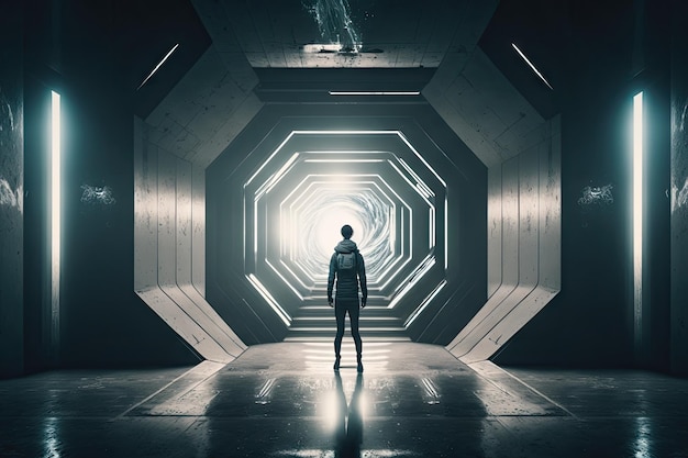 Haker stojący w futurystycznym betonowym wnętrzu statku kosmicznego