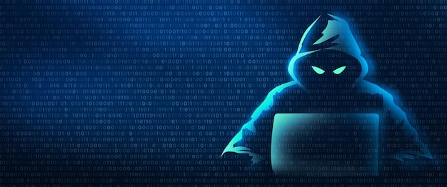 Haker w cyfrowym tle kodu binarnego Cyberprzestępczość i hakowanie prywatności w Internecie Bezpieczeństwo sieci Cyberatak Wirus komputerowy Ransomware i Malware Concept Ilustracja 2D