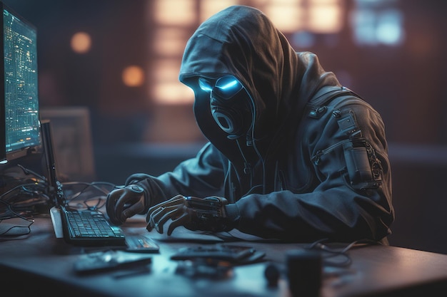 haker z komputerem przy stole w pokoju haker z komputerem przy stole w pokoju haker używa laptopa
