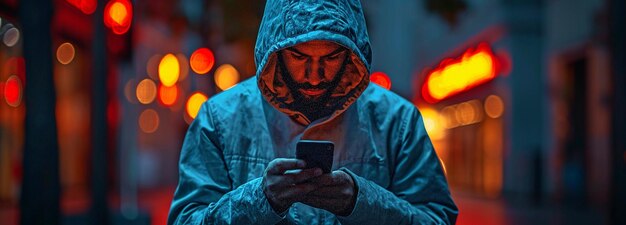 Hakowanie ciemnej sieci i ciemnej sieci Haker korzystający z urządzenia mobilnego Człowiek korzystający ze smartfona do przeglądania ciemnej sieci Zagrożenie cyberbezpieczeństwa Oszustwo internetowe i oszustwo przy użyciu telefonów komórkowych