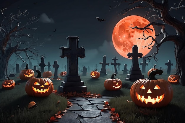 Zdjęcie halloween 3d ilustracja z czerwonym księżycem grób drzewo i dyni