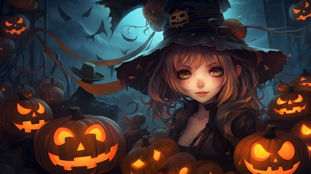 Halloween anime dziewczyna z dyniami