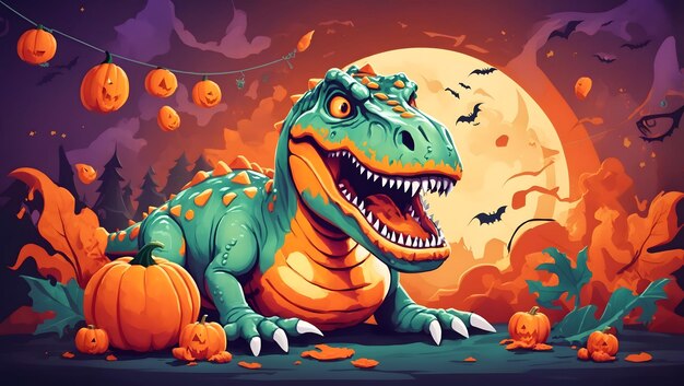 Halloween Background Dinosaur Illustration Trex Spooky Dinosaur z generatywą sztucznej inteligencji dyni