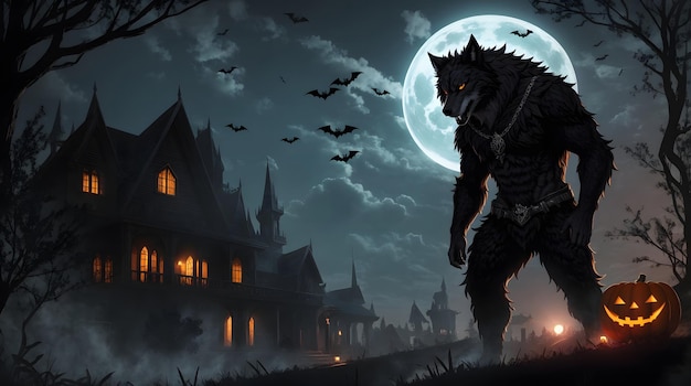 Halloween Background Scary Wolf with Pumpkins Halloween Night Background Terrifying Wolf in The Forest with Full Moon and Pumpkin AI Generative