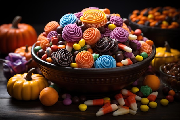 Halloween cukierki i słodycze na ciemnym tle