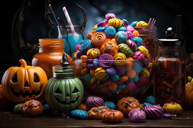 Halloween cukierki i słodycze na ciemnym tle