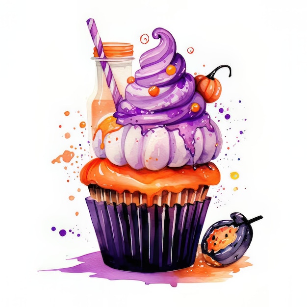 Zdjęcie halloween cupcake z czaszką dyni i ilustracją wektorową cukierków