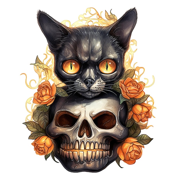 Zdjęcie halloween czarny kot z akwarelą ilustracją dyni