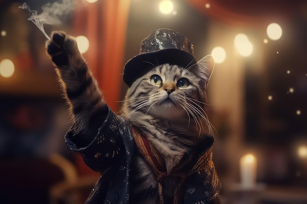 Halloween czarodziej kot z kapeluszowym halloweenowym pojęciem AI