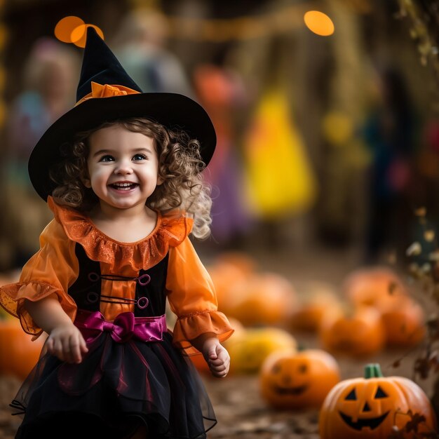 Halloween dla dzieci Piękna słodka dziewczyna w kostiumie czarownicy w kapeluszu