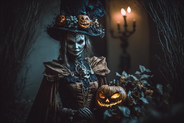 Halloween Dusze zmarłych wróciły do domów Dynie czarownice szkielety czarodziejki duchy zmarłych ciemna noc cukierki przerażające świece Generacyjna sztuczna inteligencja