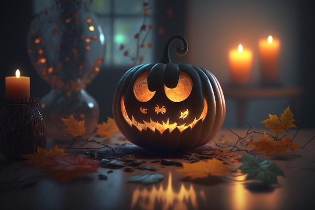 Halloween Dusze zmarłych wróciły do domów Dynie czarownice szkielety czarodziejki duchy zmarłych ciemna noc cukierki przerażające świece Generacyjna sztuczna inteligencja