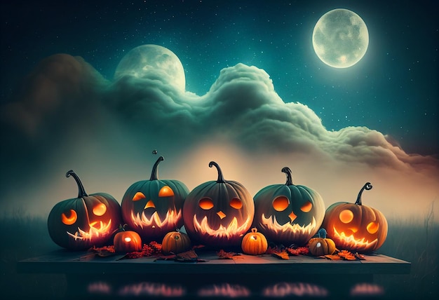 Halloween dyni głowy jack o latarnia z świecącą twarz z noc lanscape światło księżyca