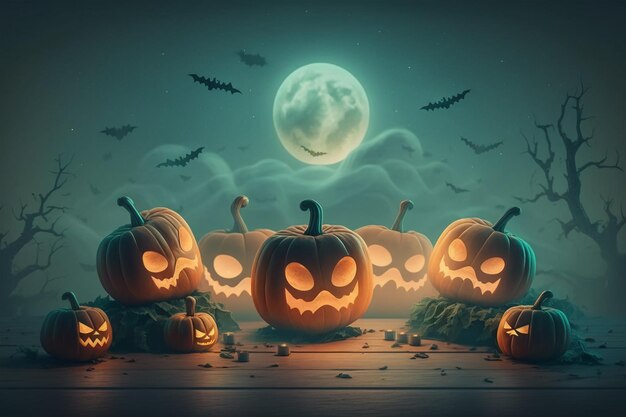 Zdjęcie halloween dyni głowy jack o latarnia z świecącą twarz z noc lanscape światło księżyca