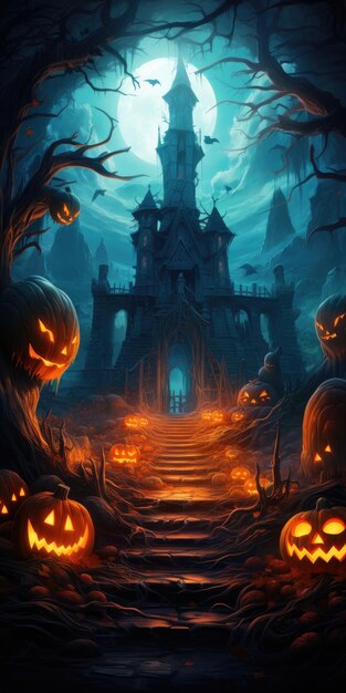 Halloween dyni i ciemny zamek na niebieskim Księżycu ilustracja tła Generatywna sztuczna inteligencja