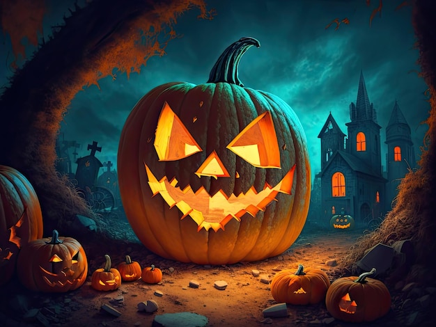 Halloween dyni i jack o latarnie na ciemnym przerażającym tle i pięknej mgłowej atmosferze