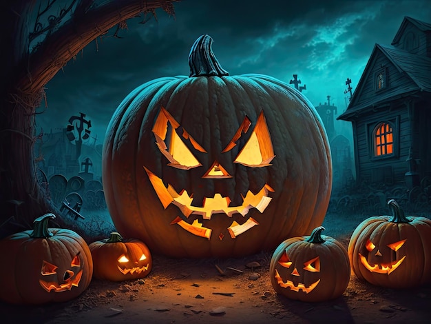 Halloween dyni i jack o latarnie na ciemnym przerażającym tle i pięknej mgłowej atmosferze