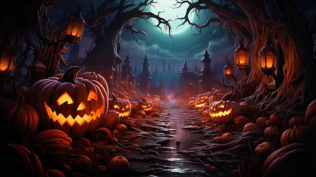 Halloween dyni na cmentarzu na przerażającej nocy Halloween koncepcja tła Generative Ai