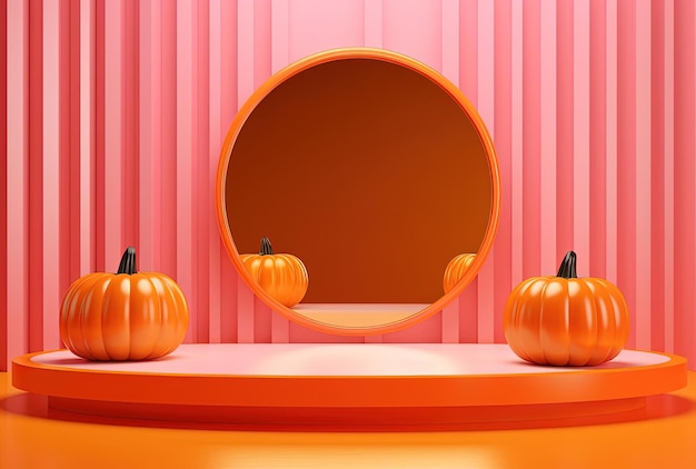 halloween dyni siedzą na pomarańczowej świecącej platformie w stylu minimalistycznego tła