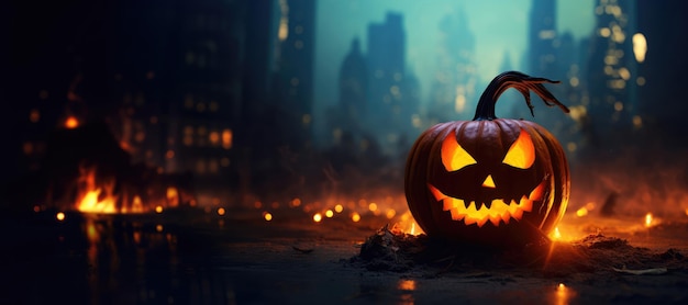 Halloween dyni w mieście w nocy Kopiować przestrzeń do wyświetlania tekstu lub produktu