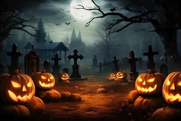 Halloween dyni w pobliżu drzewa na cmentarzu z przerażającym domem Halloween tło w lesie noc z księżycem i nietoperzami