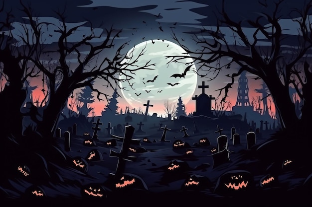 Halloween dyni w pobliżu drzewa na cmentarzu z przerażającym domem Halloween tło w lesie noc z księżycem i nietoperzami