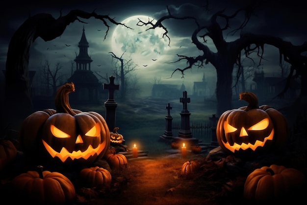 Halloween dyni w pobliżu drzewa na cmentarzu z przerażającym domem Halloween tło w lesie noc z księżycem i nietoperzami