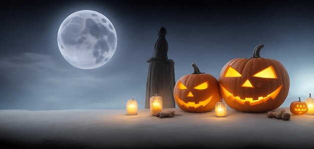 Zdjęcie halloween dyni z złymi dyniami jack o' lanterns świecące w świetle księżyca w przerażającej nocy