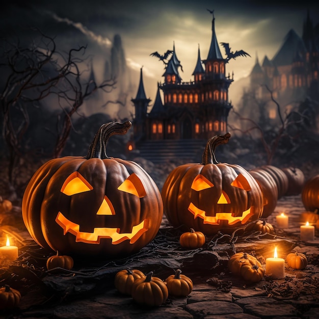 Halloween dyni ze świecami i nietoperzami przerażający zamek na tle