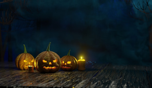 Zdjęcie halloween dynia jack latarnia z płonącymi świecami. renderowania 3d