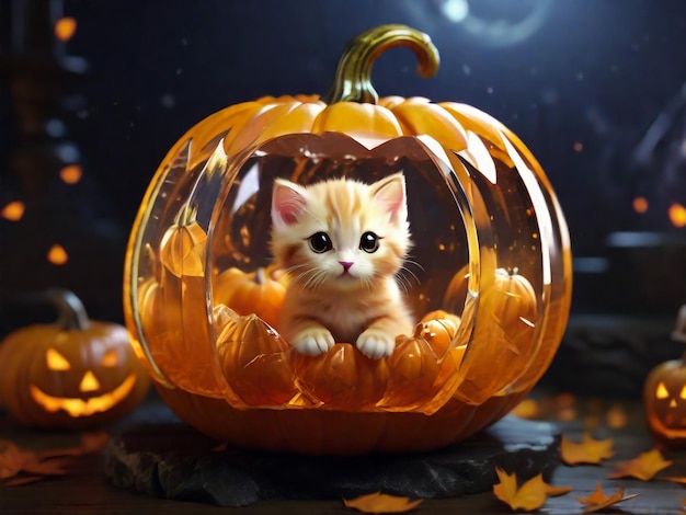 halloween dynia jackolantern i imbirowy kotek na czarnym tle drewna