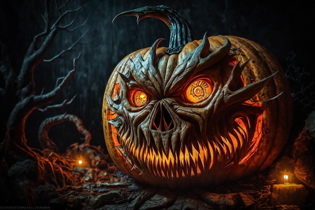 Halloween dynia przerażająca dynia z świecącymi oczami pomarańczowa dynia z dużymi ostrymi zębami