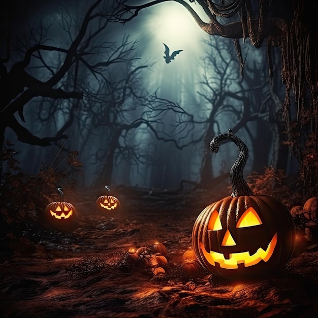 Halloween dynia w ciemnym lesie rzeźbiona Jack Lantern straszna dynia tradycyjna jesień noc wakacje generatywne AI ilustracja