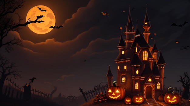 Halloween dynia z nawiedzonym zamkiem w ciemnej nocy